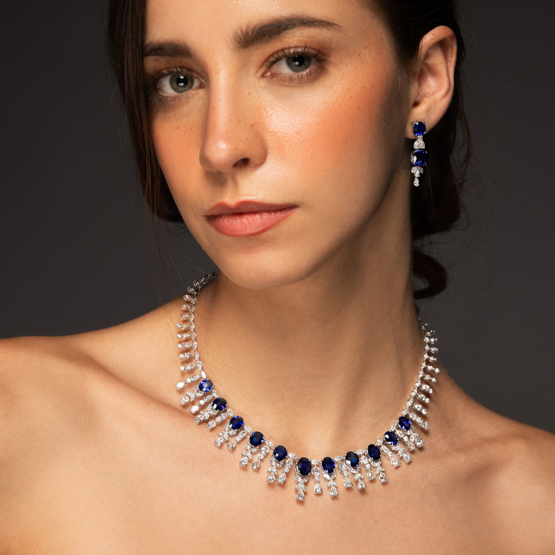 Blue Sapphire Gemstone and Natural Diamond Drop Bridal Necklace with Earrings