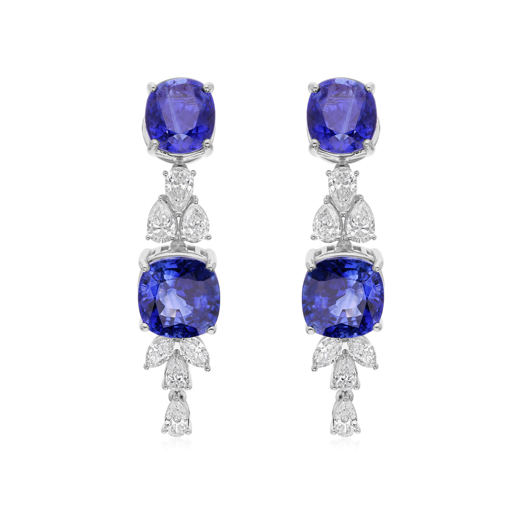 Blue Sapphire Gemstone and Natural Diamond Drop Bridal Necklace with Earrings