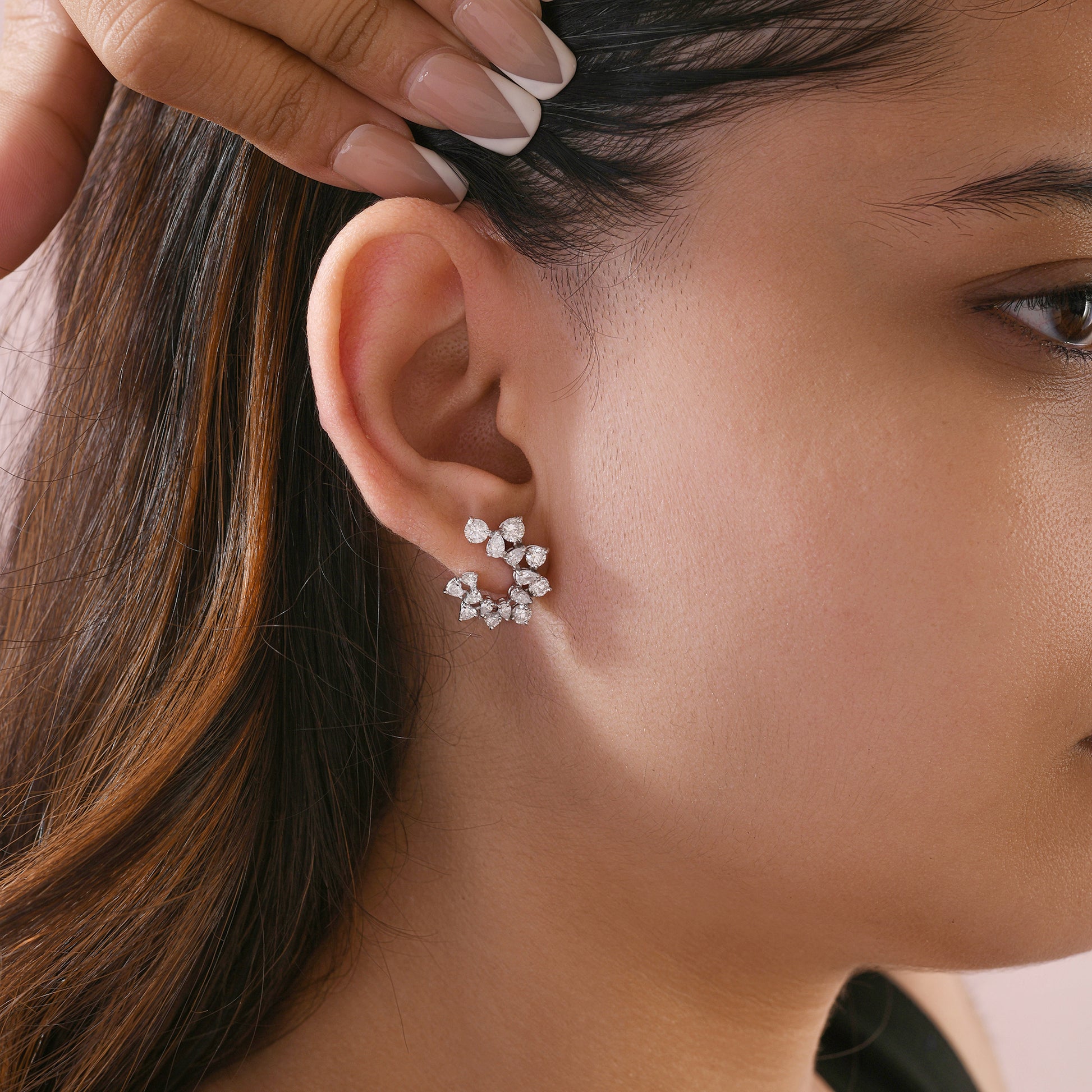 Floral Round & Pear Cut Natural Diamond Gold Cluster Stud Earrings