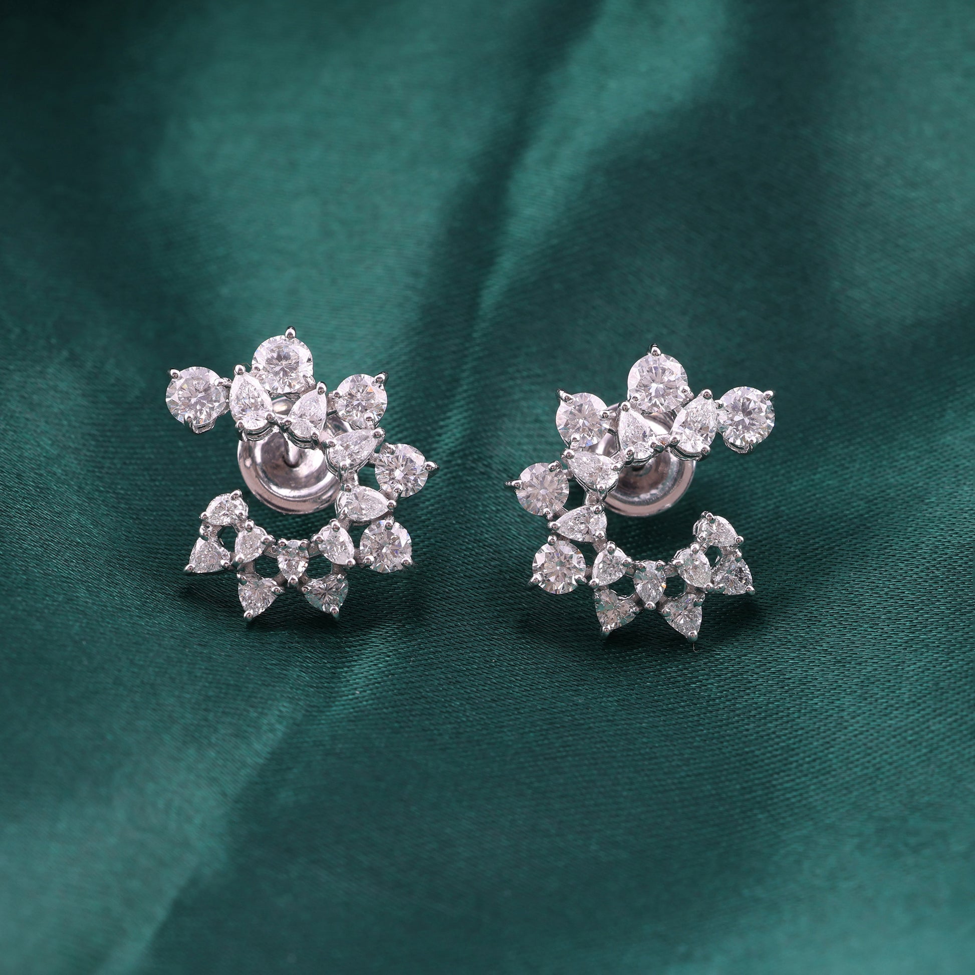 Floral Round & Pear Cut Natural Diamond Gold Cluster Stud Earrings