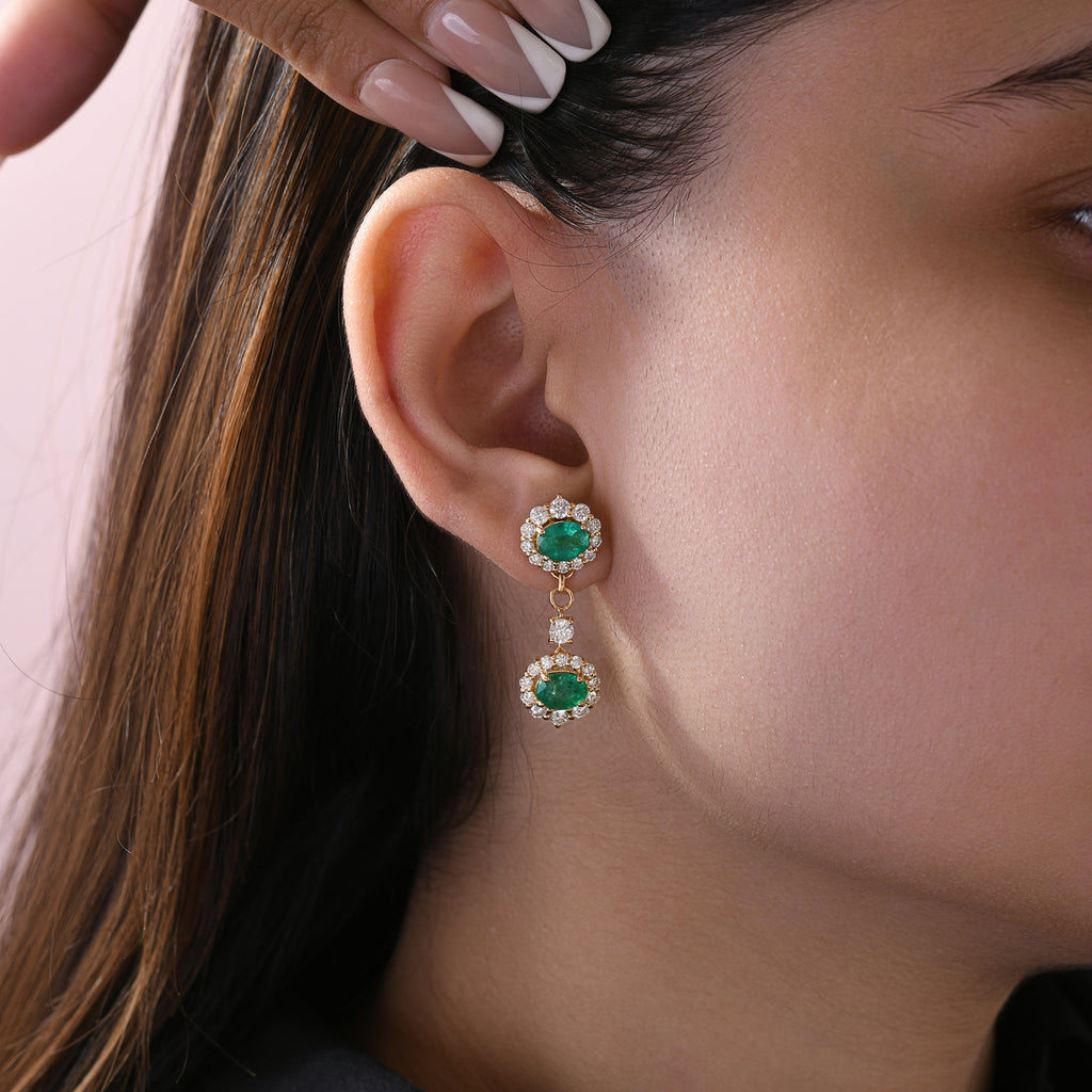Natural Zambian Emerald Diamond Halo Drop Earrings in Fine Gold