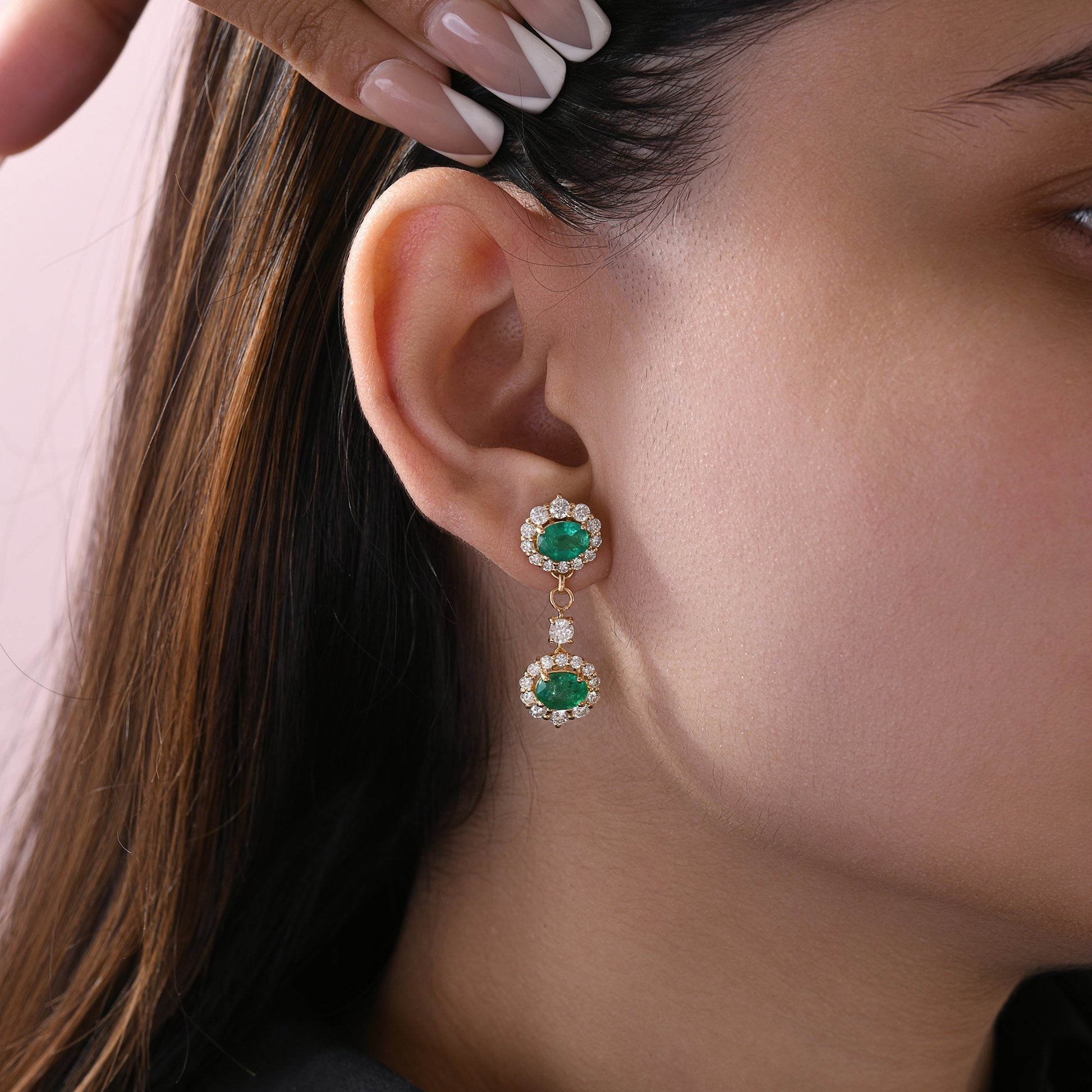 Natural Zambian Emerald Diamond Halo Drop Earrings in Fine Gold