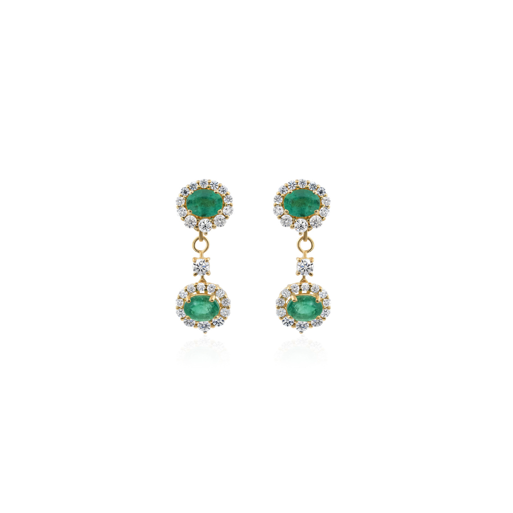 Natural Zambian Emerald Diamond Halo Drop Earrings in Fine Gold