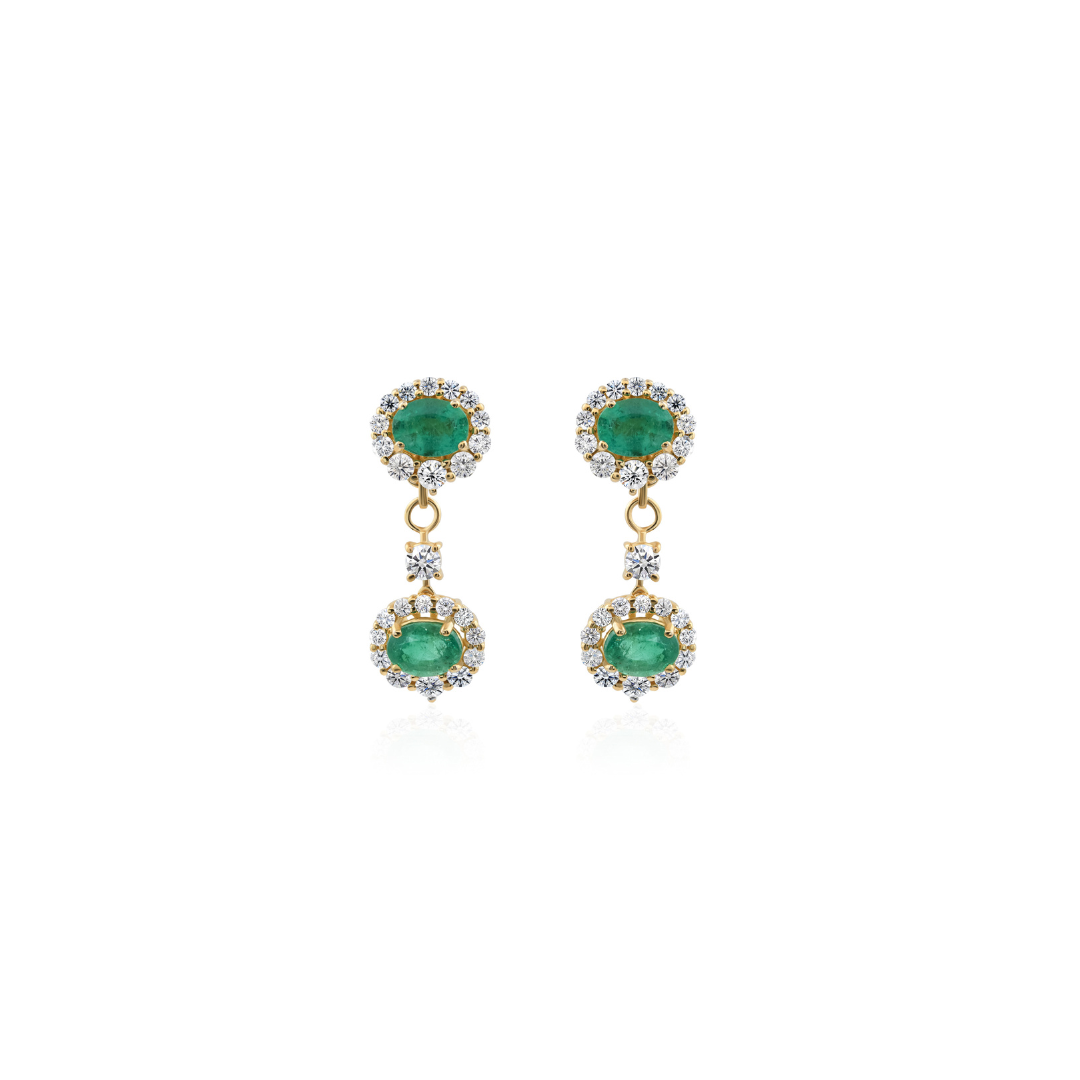 Natural Zambian Emerald Diamond Halo Drop Earrings in Fine Gold