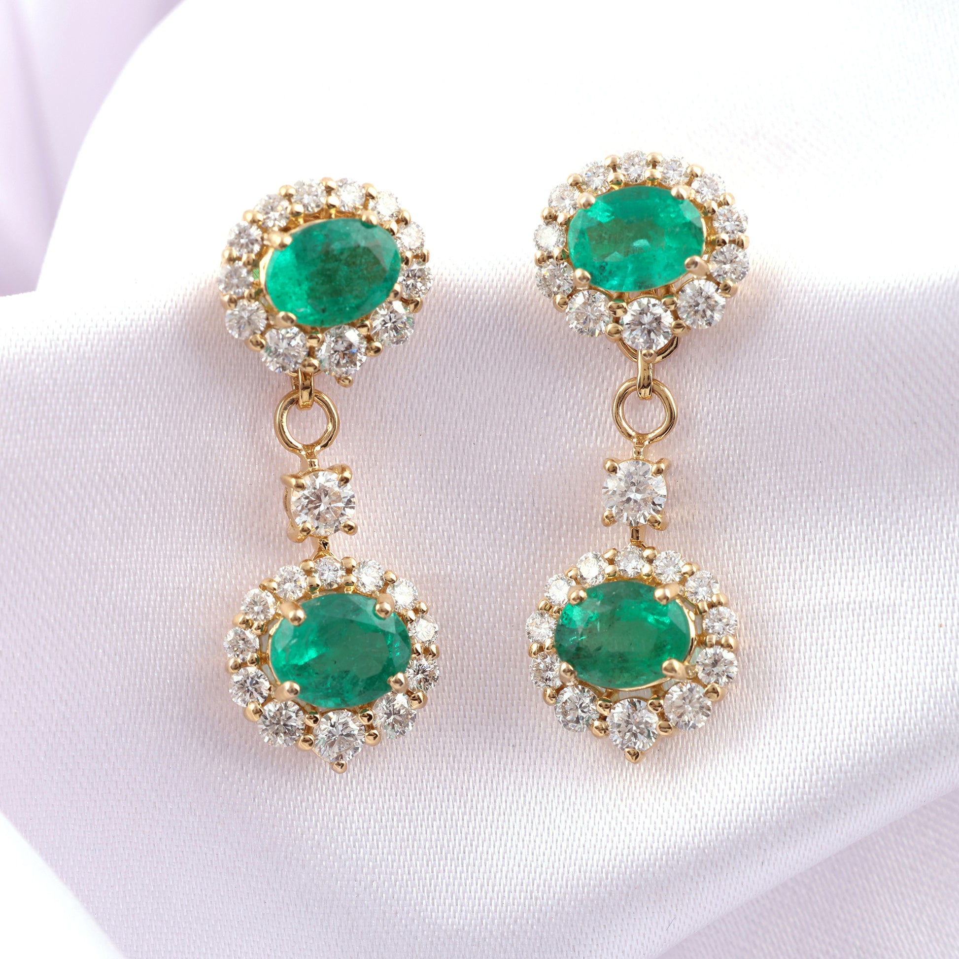 Natural Zambian Emerald Diamond Halo Drop Earrings in Fine Gold