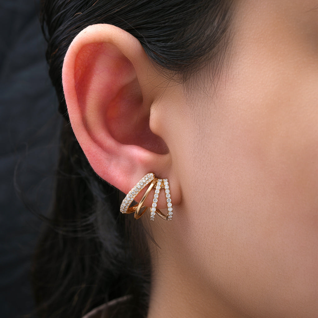 Fine Gold Multi Row Natural Pave Diamond Hoop Earrings for Women