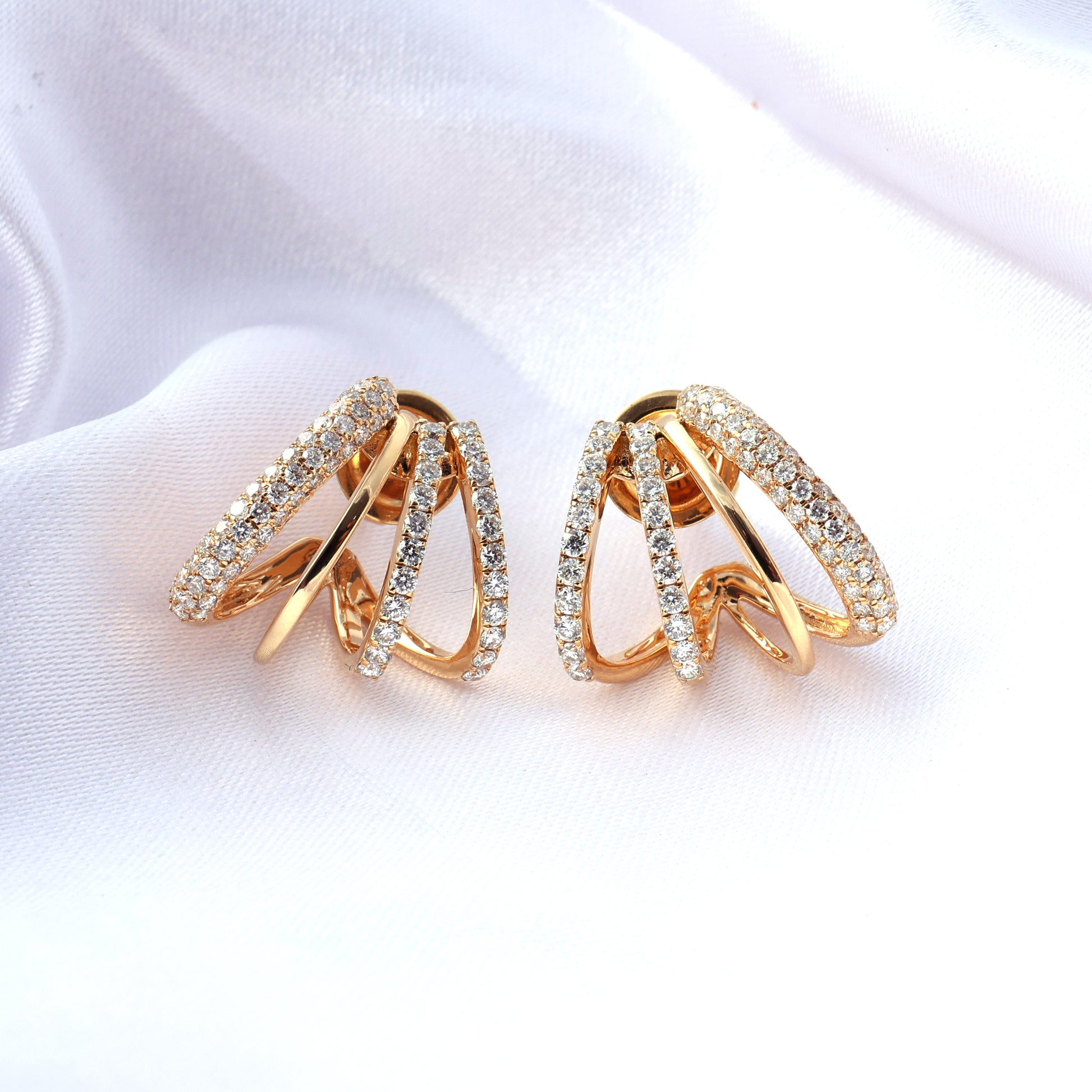 Fine Gold Multi Row Natural Pave Diamond Hoop Earrings for Women