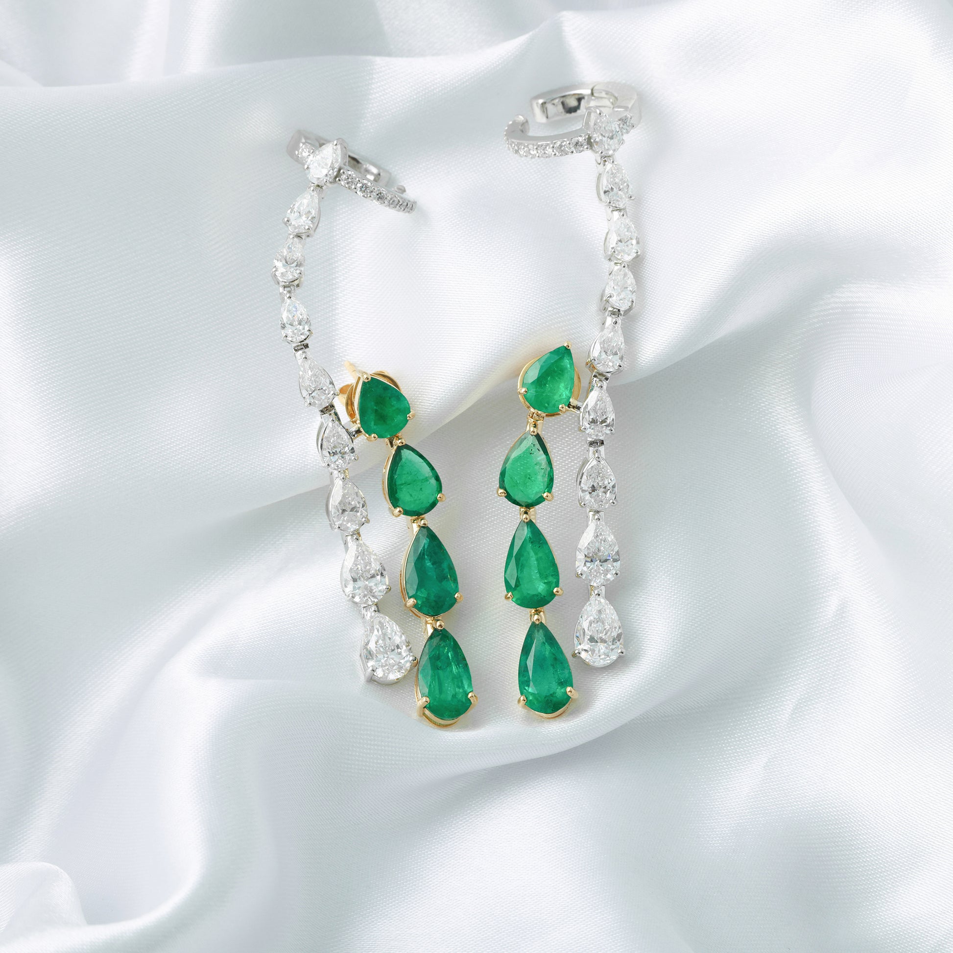 17.32Tcw Fine Gold Pear Cut Zambian Emerald Diamond Ear Climber Drop Earrings