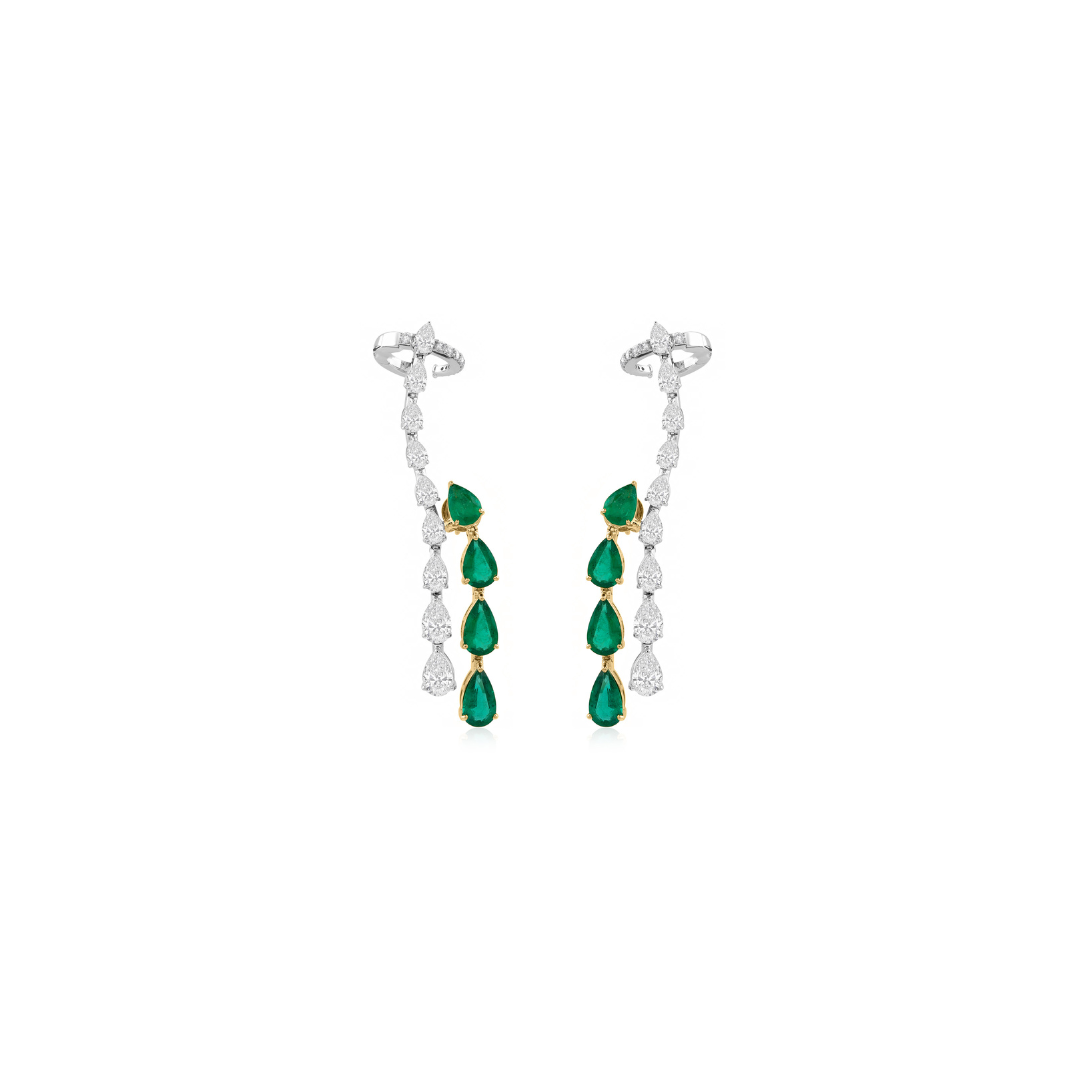 17.32Tcw Fine Gold Pear Cut Zambian Emerald Diamond Ear Climber Drop Earrings