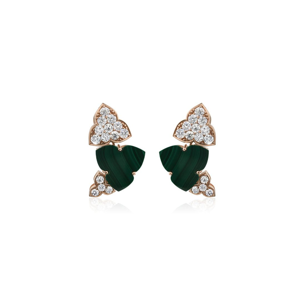 Handcrafted Malachite Clover Earrings in Fine Gold with Pave Diamonds
