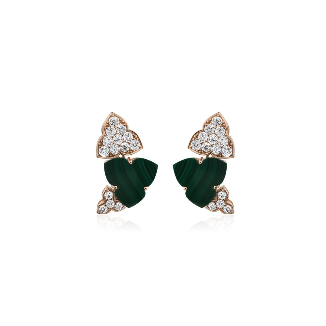 Handcrafted Malachite Clover Earrings in Fine Gold with Pave Diamonds
