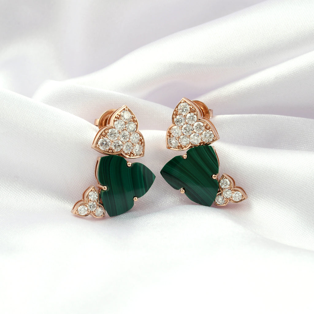 Handcrafted Malachite Clover Earrings in Fine Gold with Pave Diamonds