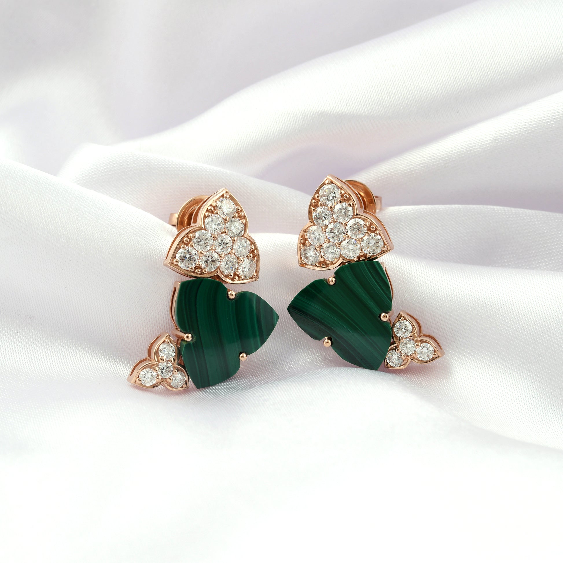 Handcrafted Malachite Clover Earrings in Fine Gold with Pave Diamonds