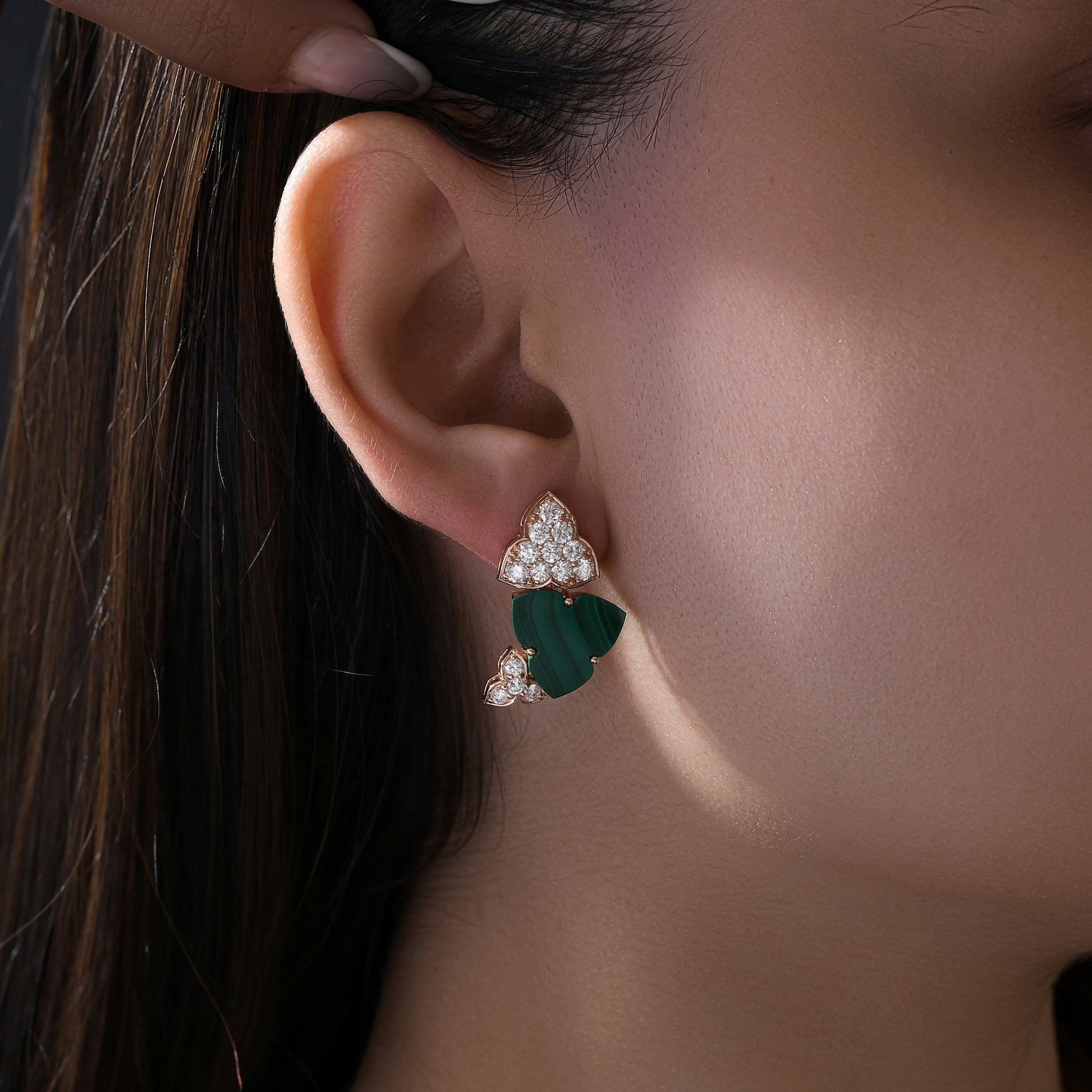 Handcrafted Malachite Clover Earrings in Fine Gold with Pave Diamonds