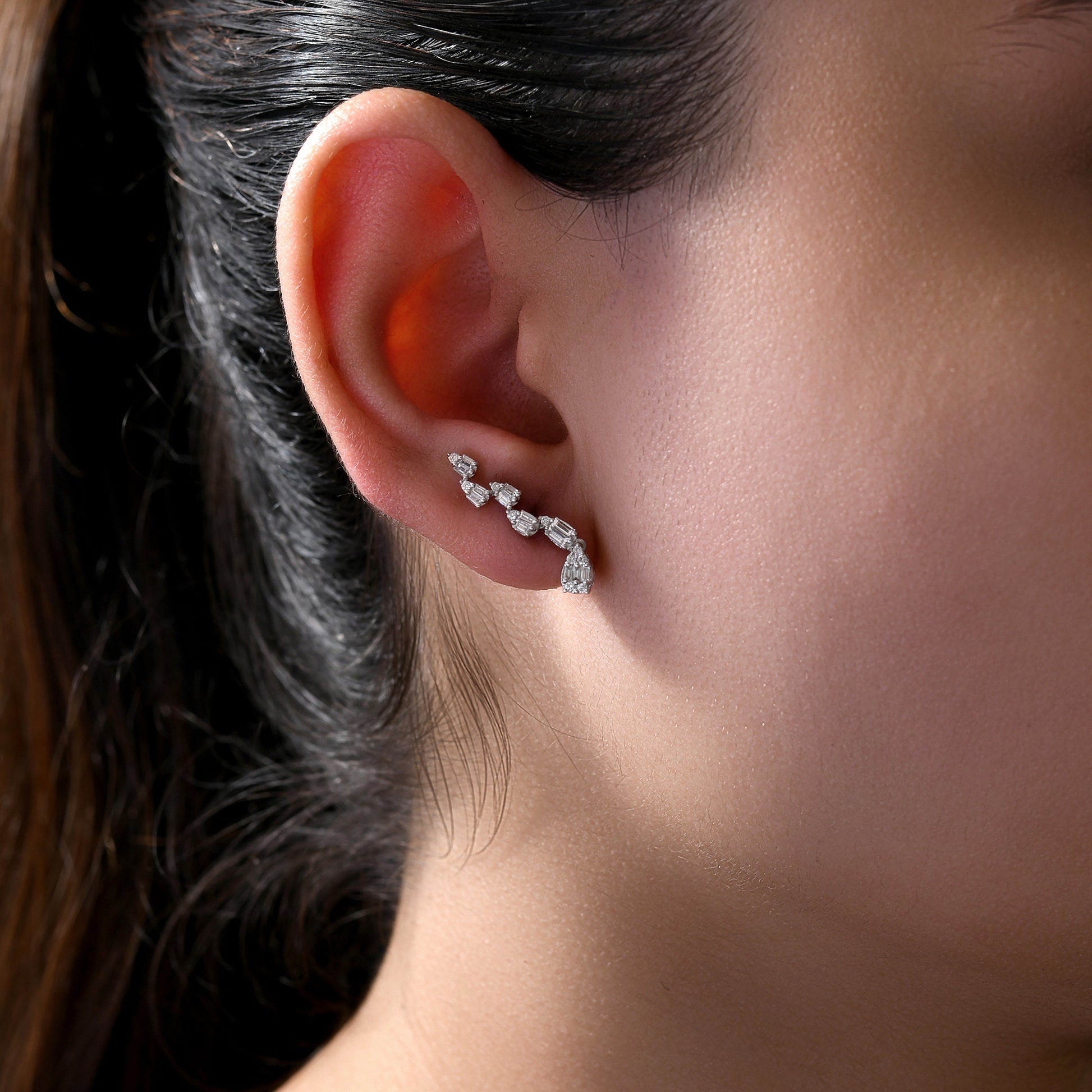 Unique Baguette Round Cut Natural Diamond Ear Climber Earrings