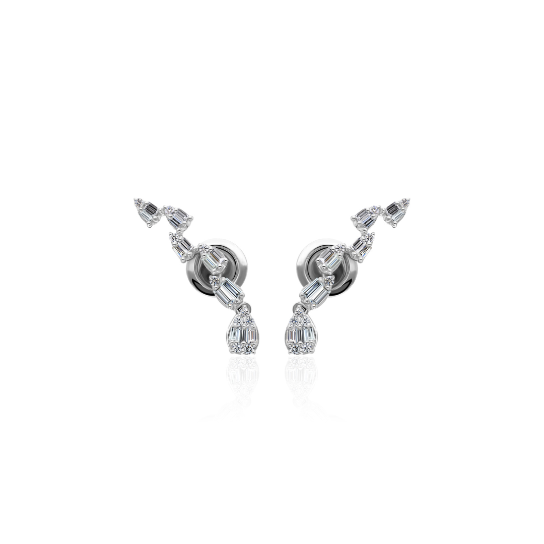 Unique Baguette Round Cut Natural Diamond Ear Climber Earrings