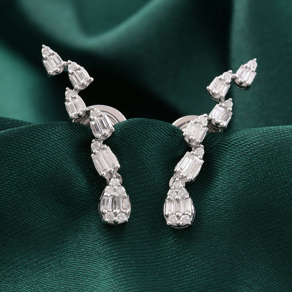 Unique Baguette Round Cut Natural Diamond Ear Climber Earrings