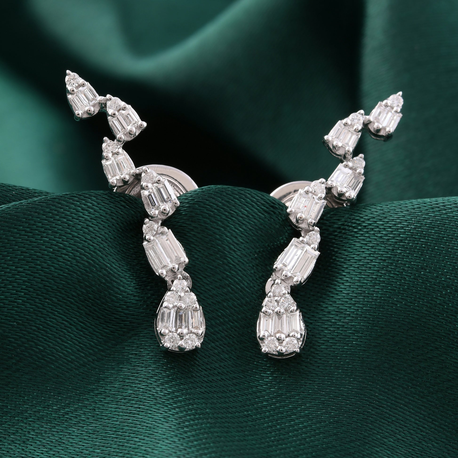 Unique Baguette Round Cut Natural Diamond Ear Climber Earrings