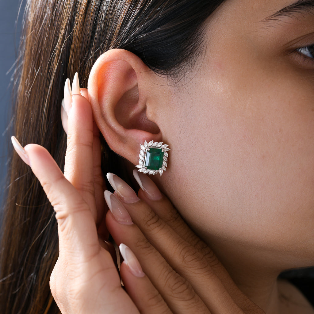Octagon Cut Zambian Emerald Halo Diamond Fine Gold Stud Earrings