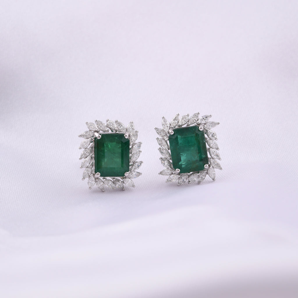 Octagon Cut Zambian Emerald Halo Diamond Fine Gold Stud Earrings