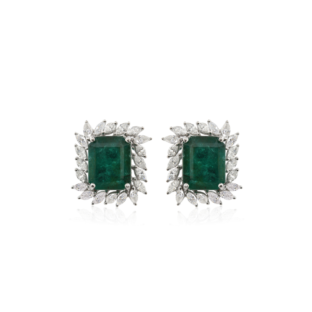 Octagon Cut Zambian Emerald Halo Diamond Fine Gold Stud Earrings