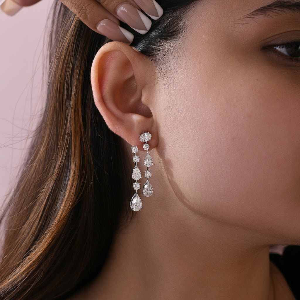 Statement Pear and Round Cut Natural Diamond Jacket Gold Earrings