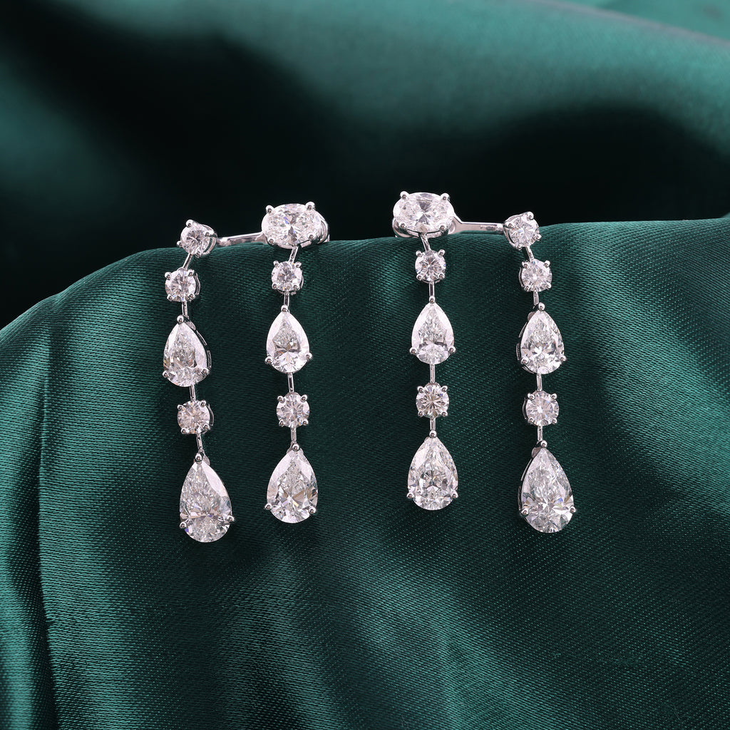 Statement Pear and Round Cut Natural Diamond Jacket Gold Earrings