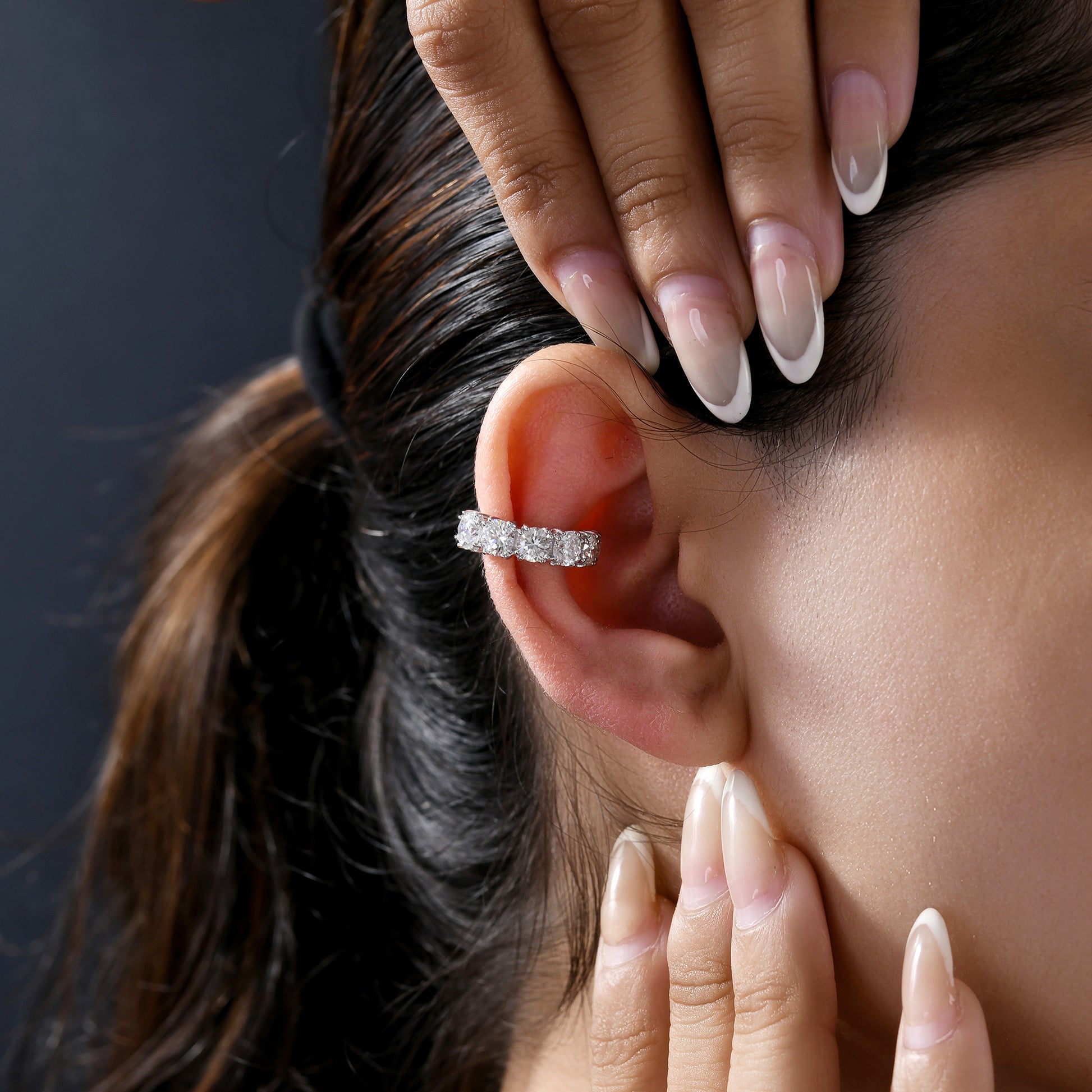 Round Brilliant Cut Natural Diamond Hoop Ear Cuff Earrings in Fine Gold