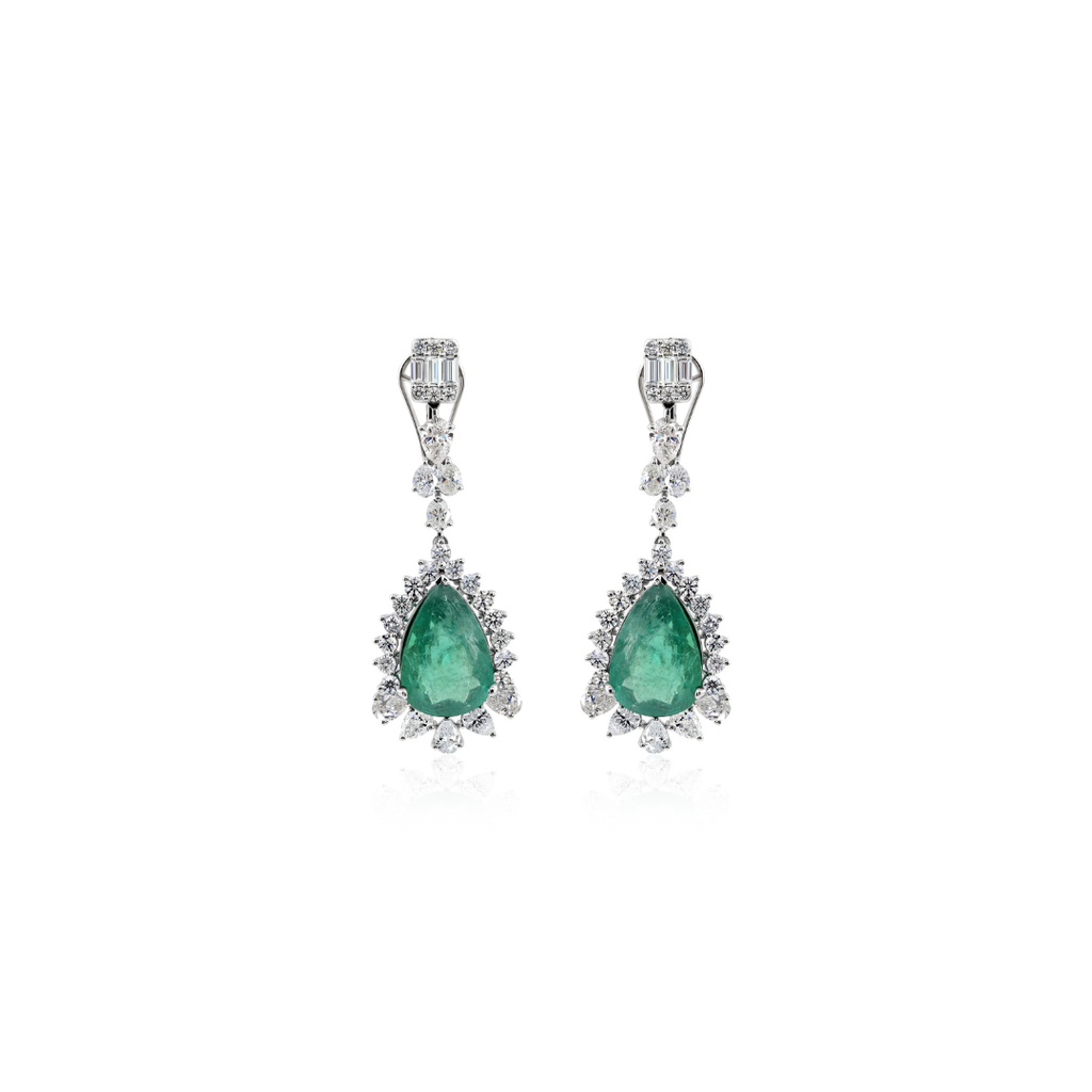 Exquisite Pear Shaped Emerald & Diamond Halo Drop Earrings in Fine Gold