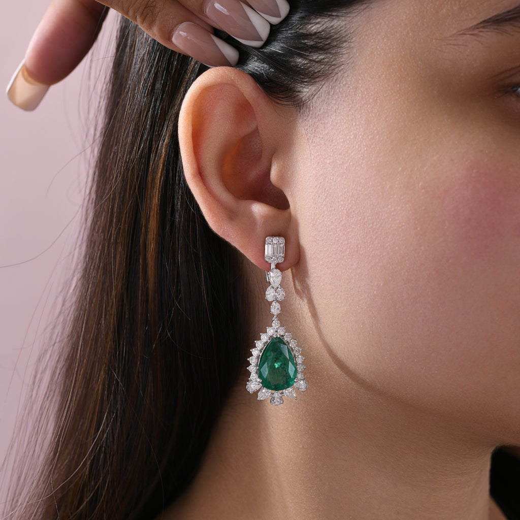 Exquisite Pear Shaped Emerald & Diamond Halo Drop Earrings in Fine Gold