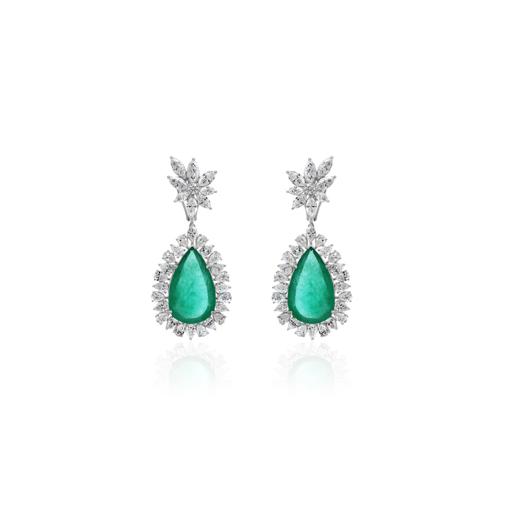 Luxury Teardrop Zambian Emerald Diamond Fine Gold Dangle Drop Earrings
