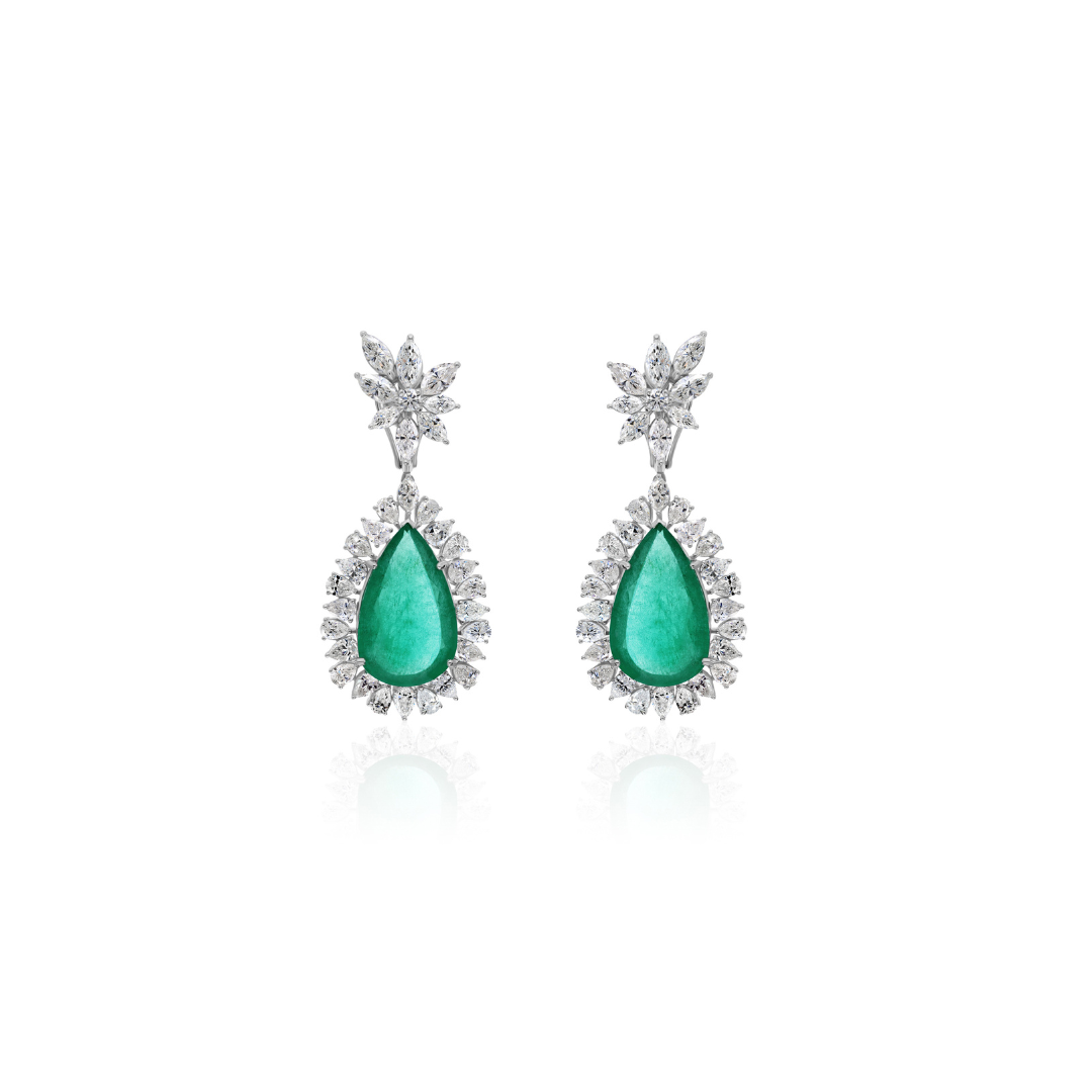 Luxury Teardrop Zambian Emerald Diamond Fine Gold Dangle Drop Earrings