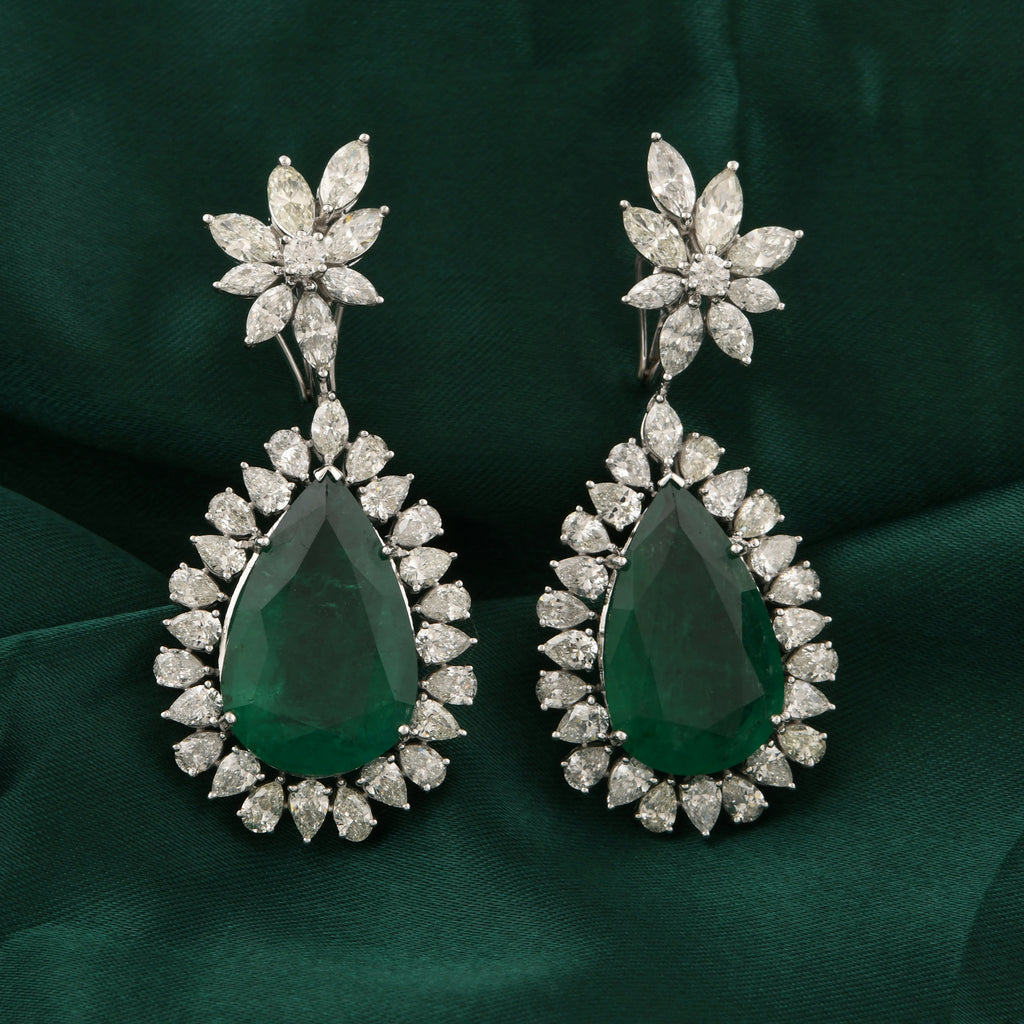 Luxury Teardrop Zambian Emerald Diamond Fine Gold Dangle Drop Earrings