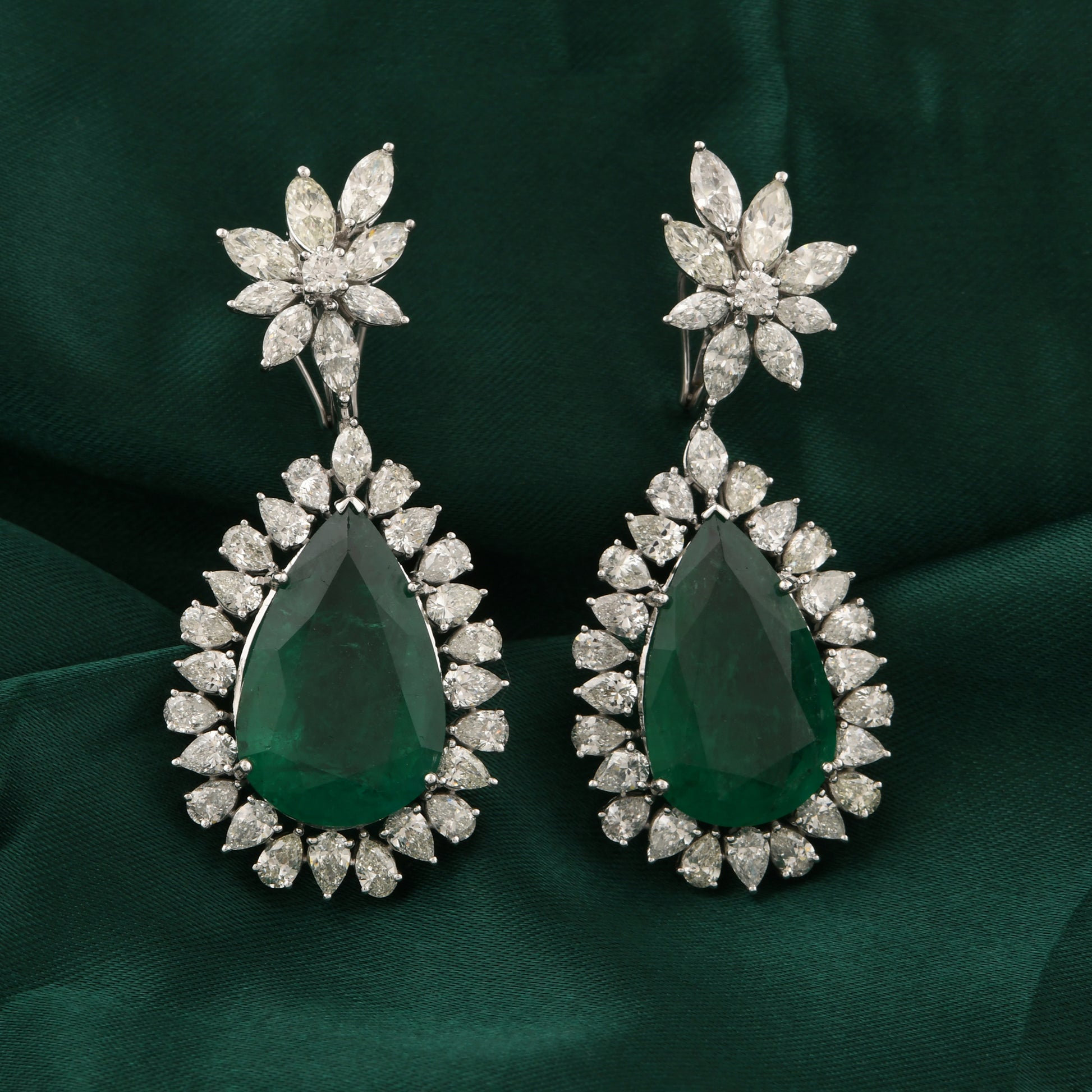 Luxury Teardrop Zambian Emerald Diamond Fine Gold Dangle Drop Earrings