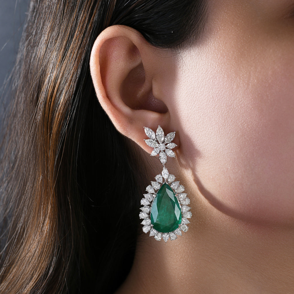 Luxury Teardrop Zambian Emerald Diamond Fine Gold Dangle Drop Earrings