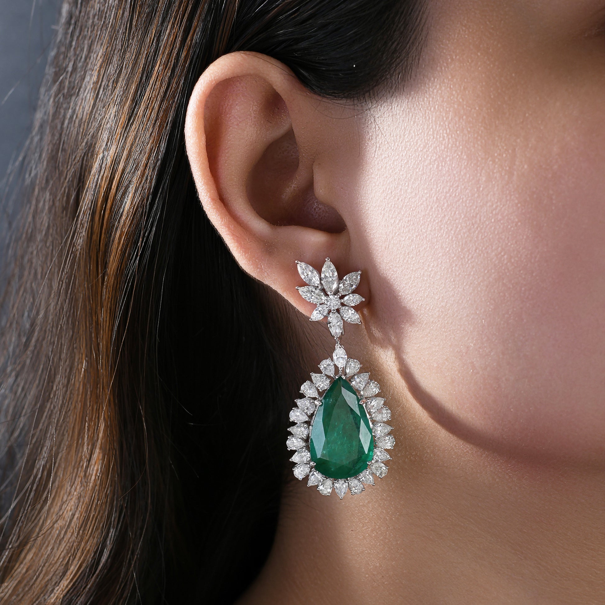 Luxury Teardrop Zambian Emerald Diamond Fine Gold Dangle Drop Earrings