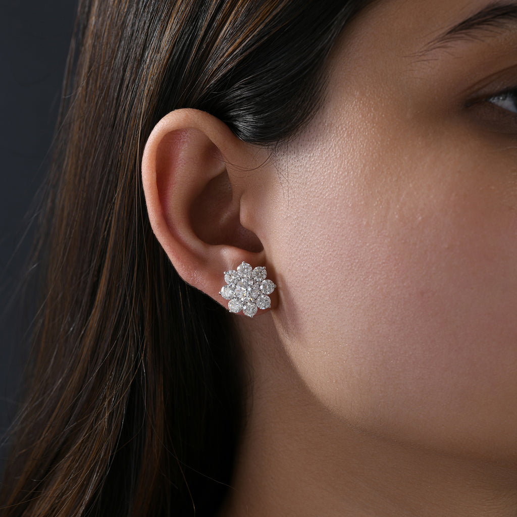 Floral Round Brilliant Natural Diamond Cluster Stud Earrings