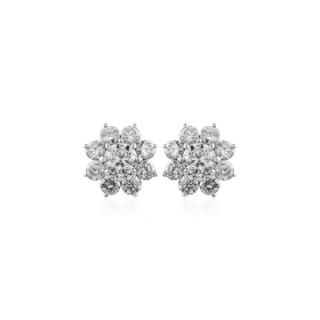 Floral Round Brilliant Natural Diamond Cluster Stud Earrings