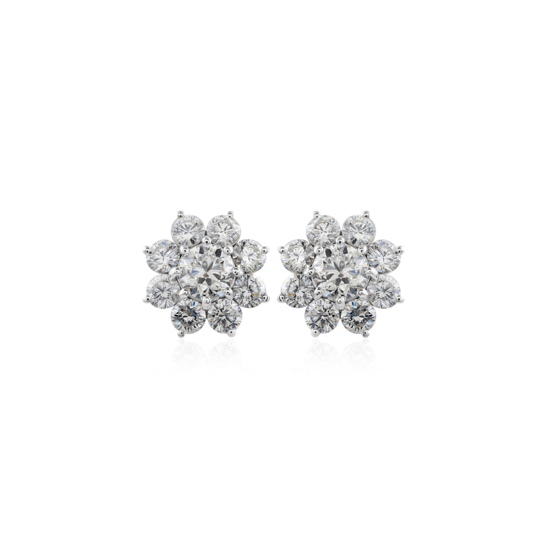 Floral Round Brilliant Natural Diamond Cluster Stud Earrings