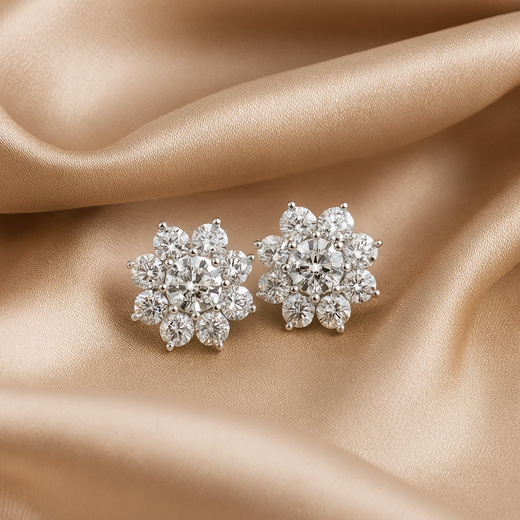 Floral Round Brilliant Natural Diamond Cluster Stud Earrings