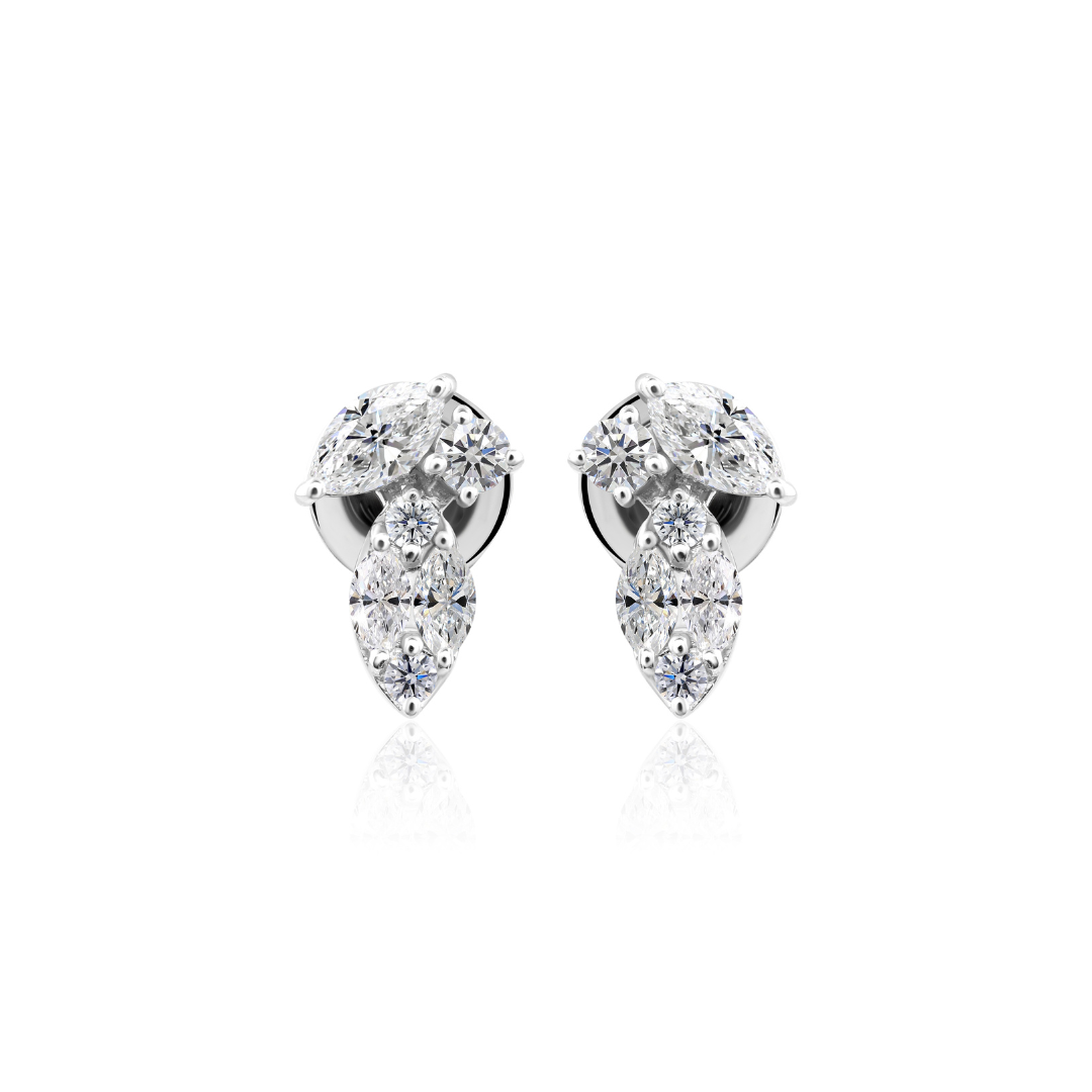 Timeless Round Marquise Cut Natural Diamond Floral Stud Earrings in Fine Gold