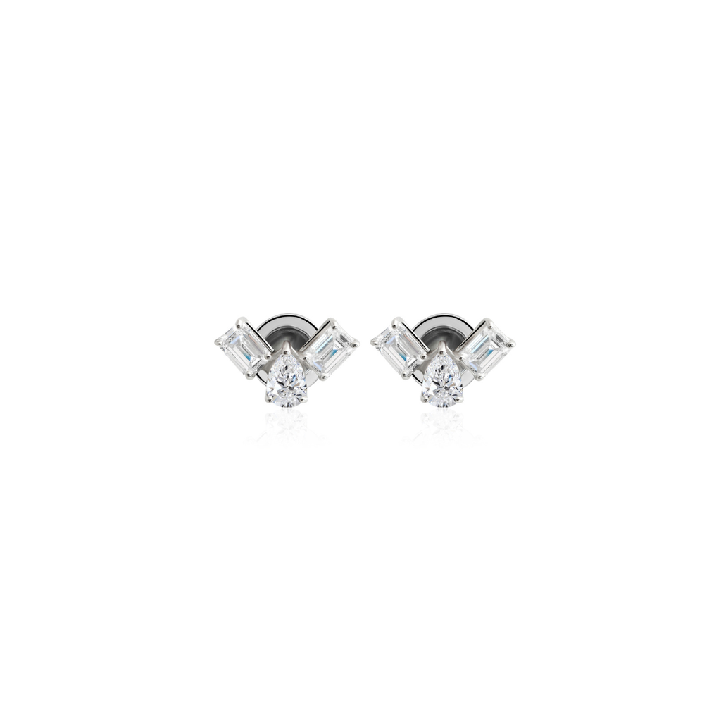 Minimal Pear and Baguette Cut Diamond Stud Earrings in Fine Gold