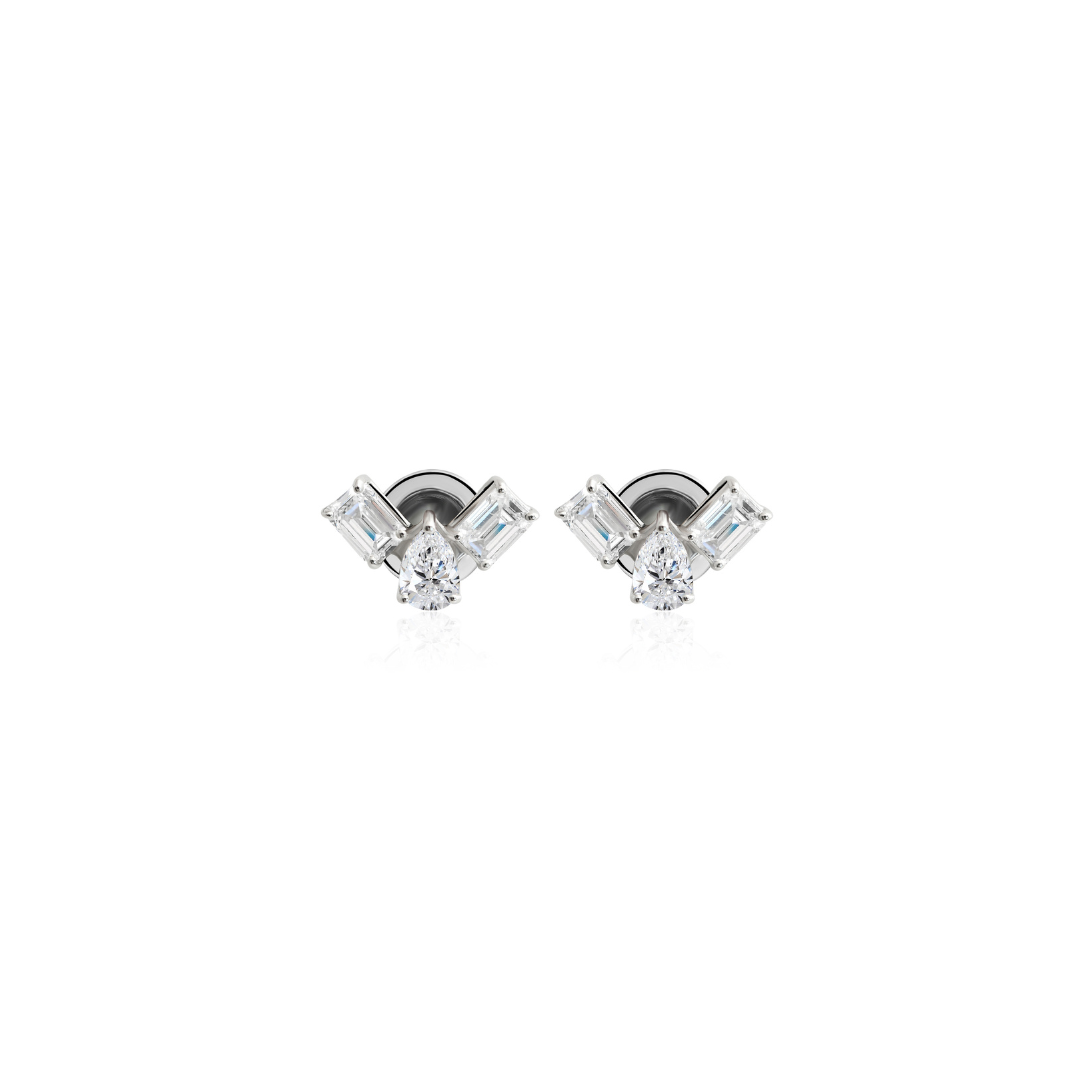 Minimal Pear and Baguette Cut Diamond Stud Earrings in Fine Gold