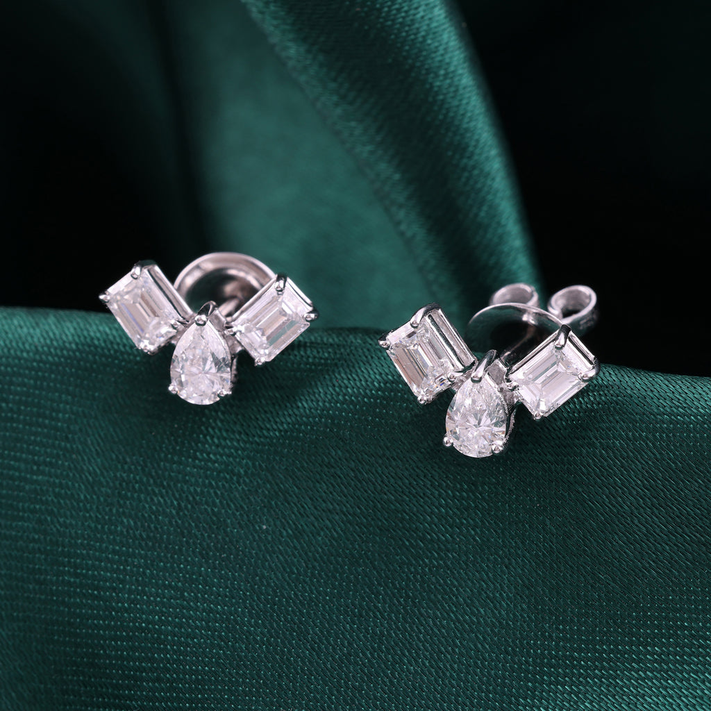 Minimal Pear and Baguette Cut Diamond Stud Earrings in Fine Gold