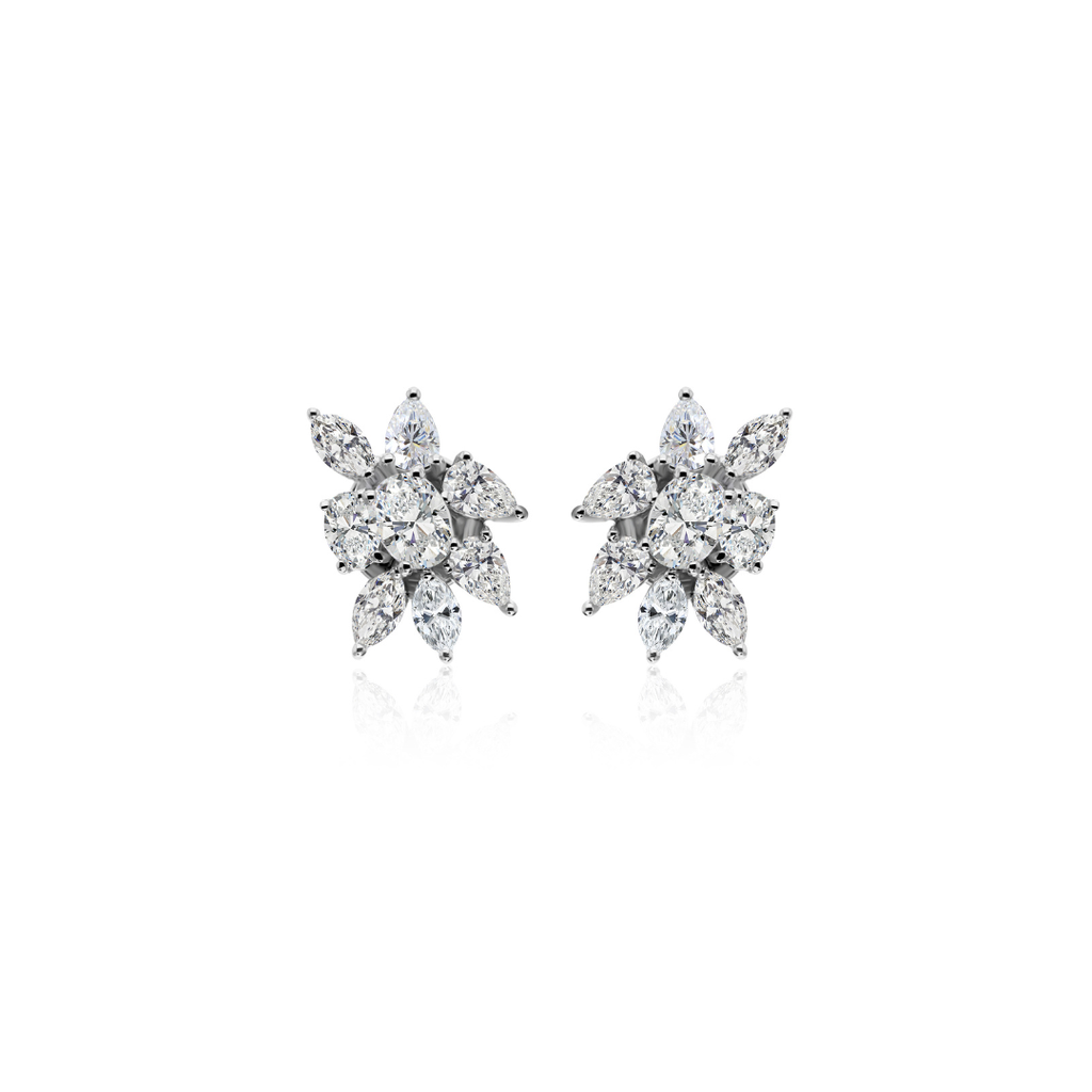Small Natural Diamond Flower Stud Earrings with Marquise Petals