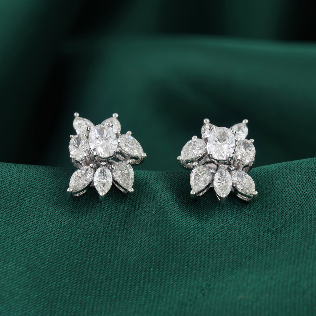 Small Natural Diamond Flower Stud Earrings with Marquise Petals