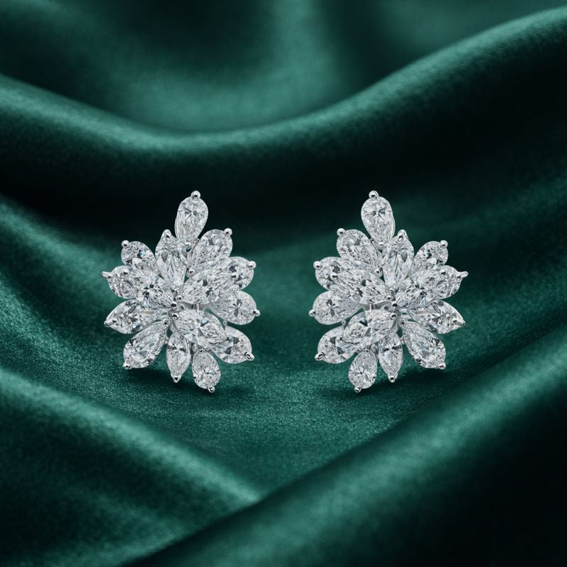 Classic Fine Gold Marquise Pear Cut Diamond Cluster Stud Earrings