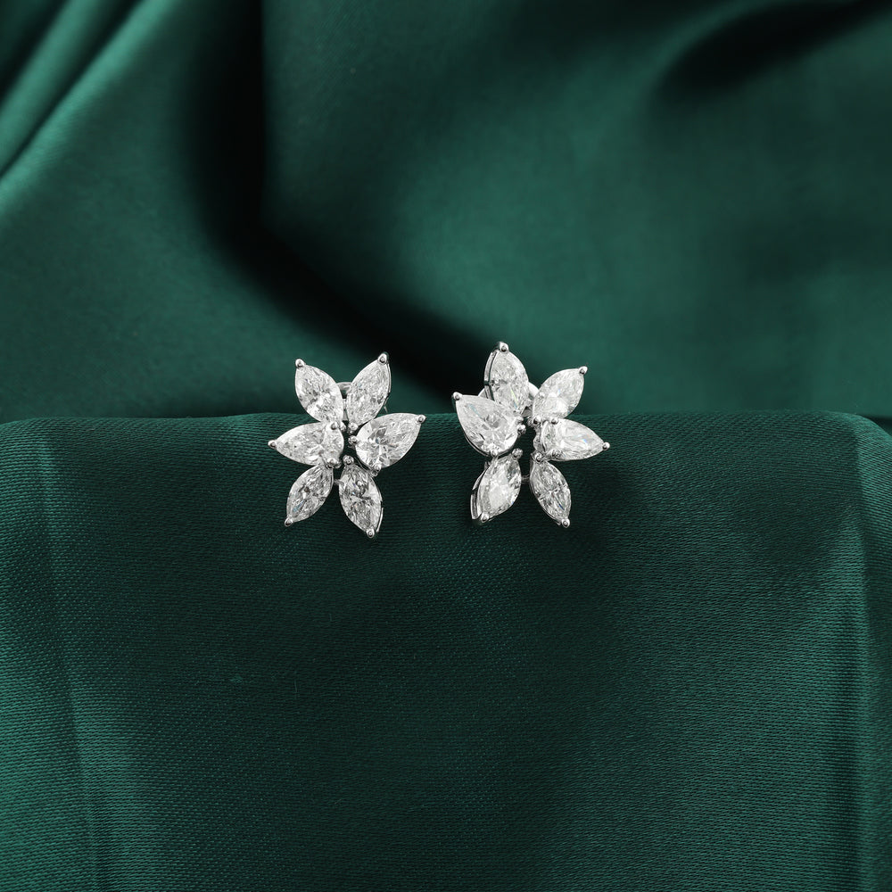 Classic Marquise Pear Cut Diamond Flower Stud Earrings featuring marquise and pear-shaped diamonds in a floral design