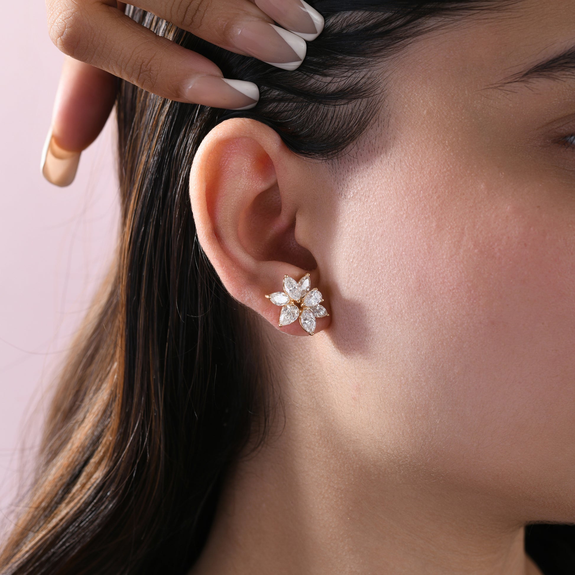 Floral Cluster Marquise Pear Diamond Stud Earrings in Fine Gold