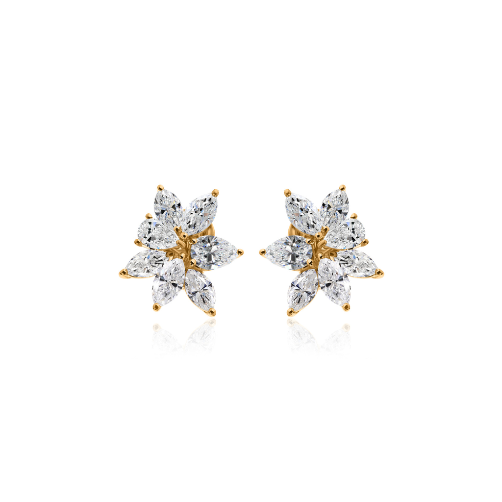 Floral Cluster Marquise Pear Diamond Stud Earrings in Fine Gold